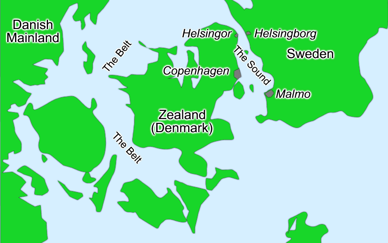 Map of Eastern Denmark, showing the location of Copenhagen in relation to the Belt and the Sound