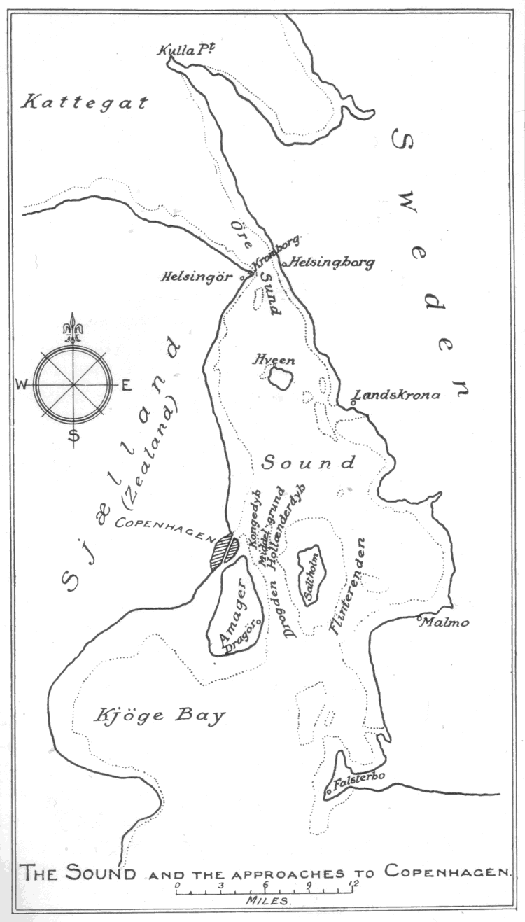 Map showing the immediate approaches to Copenhagen