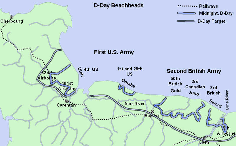 D-Day beachheads at midnight, 6-7 June 1944 