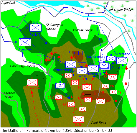 Map of the battlefield at Inkerman, showing the situation between 5.45 and 7.30