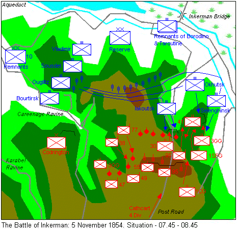 Map of the battlefield at Inkerman, showing the situation between 7.45 and 8.45