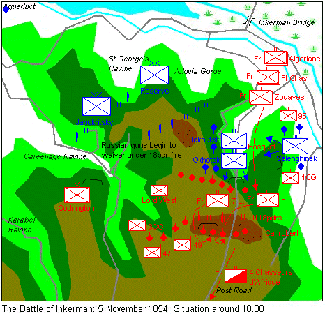 Map of the battlefield at Inkerman, showing the situation at around 10.30.