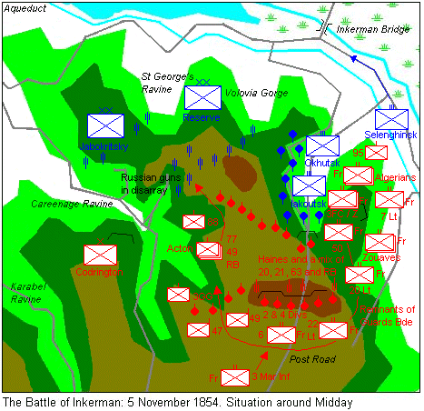 Map of the battlefield at Inkerman, showing the situation at around Midday