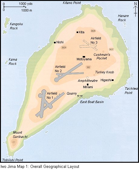 Map of the island of Iwo Jima, showing the geographical layout of the island just before the battle