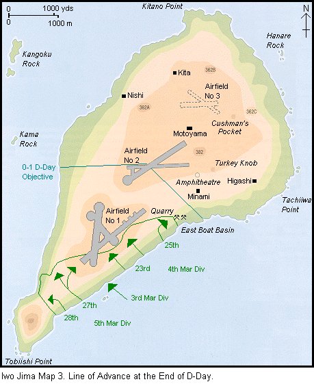 Map of the island of Iwo Jima, showing the situation at the end of D-Day