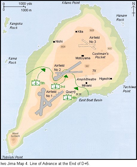 Map of the island of Iwo Jima, showing the situation at the end of D-Day+5