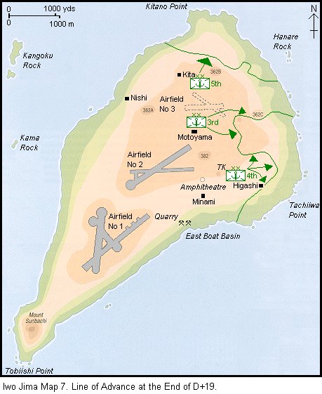 Map of the island of Iwo Jima, showing the situation at the end of D-Day+19