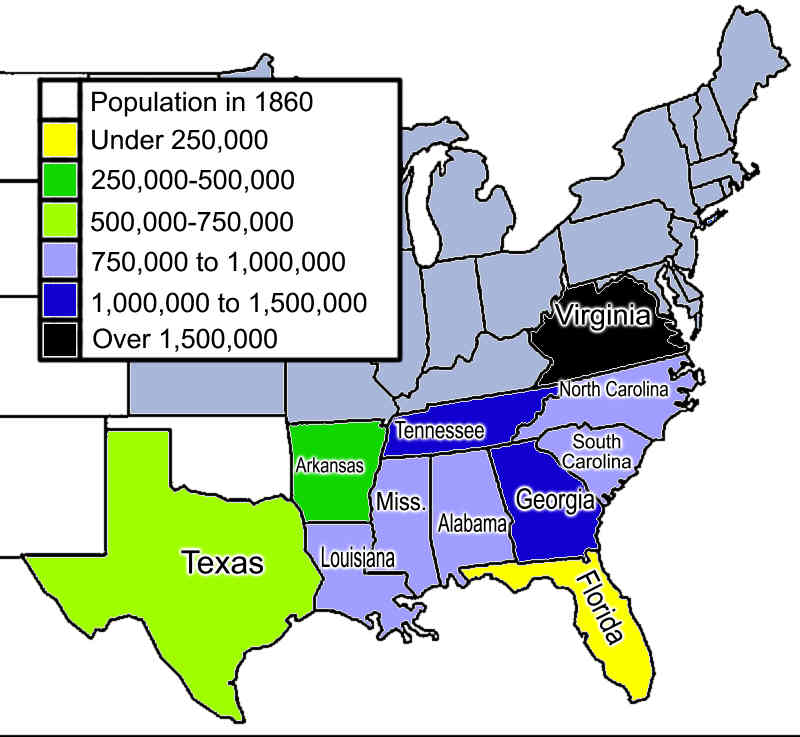 Map of the Confederacy, showing the total population of the states according to the 1860 census