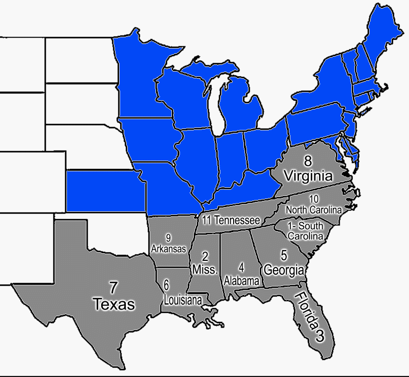 Map of the Confederacy, showing the order in which the states of the Confederacy left the Union