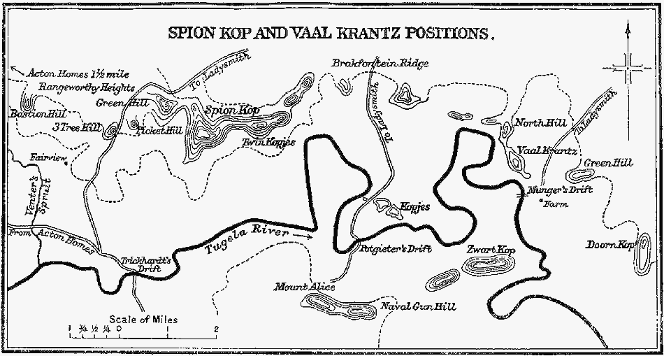 Map showing Spion Kop and Vaal Krantz positions