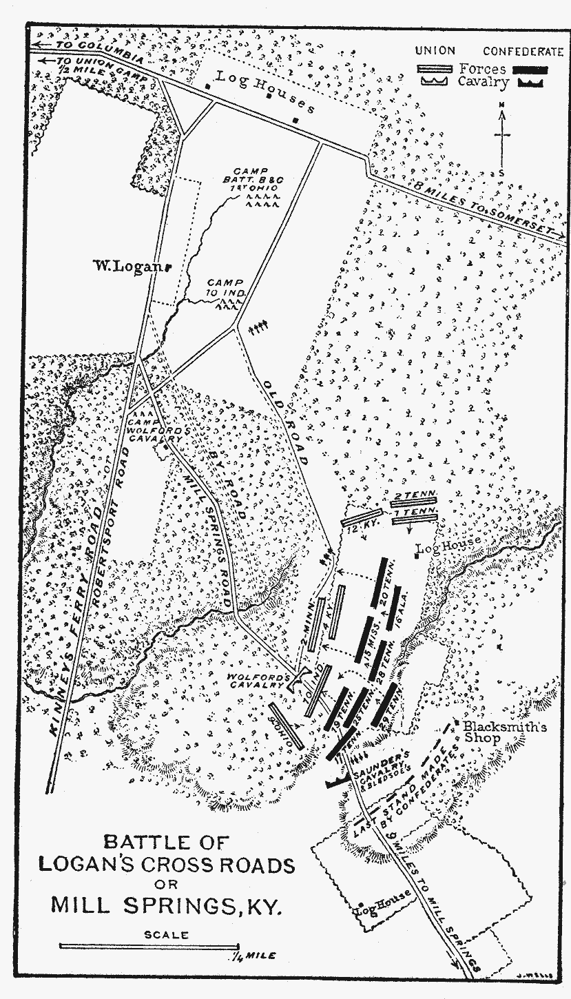 Map showing the battle of Logan's Crossroads or Mill Springs