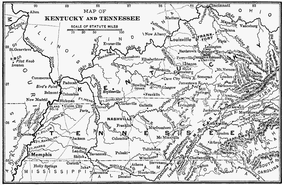 Map of Kentucky and Tennessee at the time of the American Civil War 