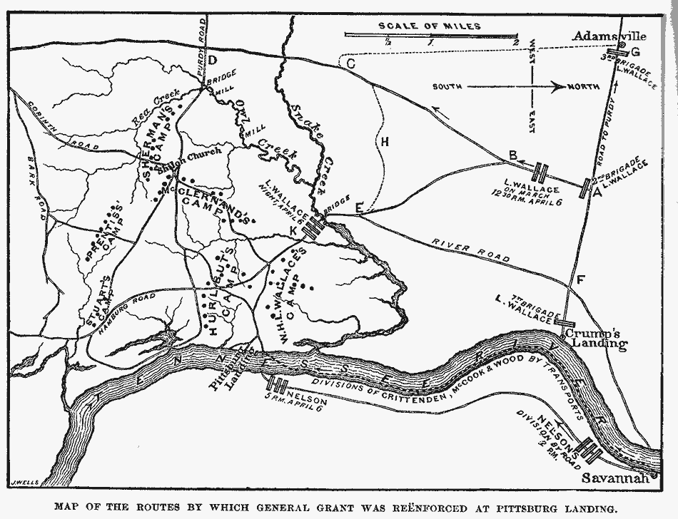 Battle of Shiloh showing routes by which General Grant was reinforced