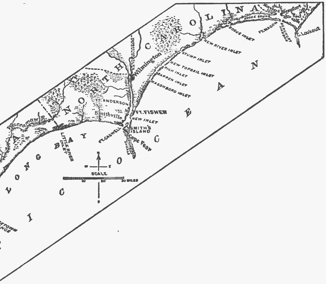 Map showing the coast of North Carolina