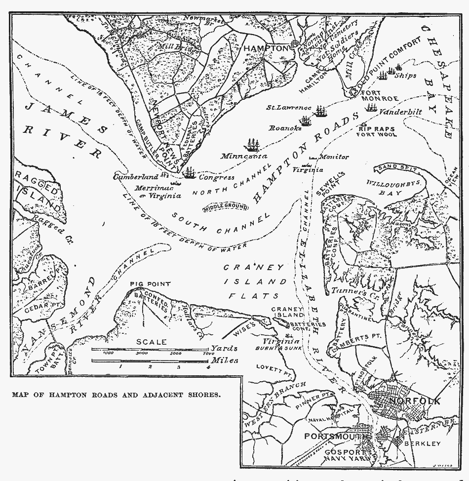 Map of Hampton Roads and adjacent shores, showing the position of the ships during the battle between the U.S.S. Monitor and the C.S.S Virginia