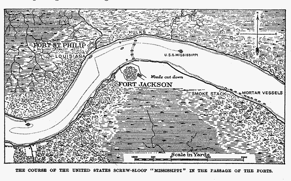 The course of the U.S.S. Mississippi in the passage of the forts below New Orleans