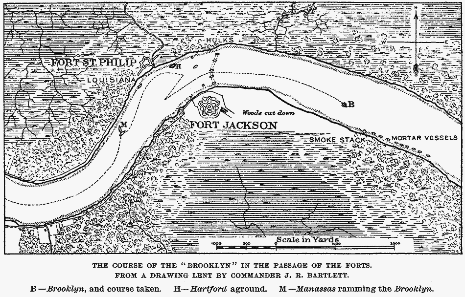 The course of the U.S.S. Brooklyn in the passage of the forts below New Orleans
