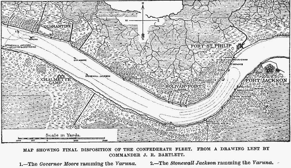 Map showing the final disposition of the Confedereate fleet above the forts defending the lower Mississippi.