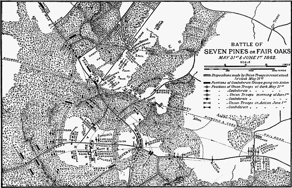 Map showing the events of the battle of Seven Pines or Fair Oaks, 31 May-1 June 1862