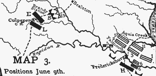 Map showing the position of the main Union and Confederate armies on 9 June 1863