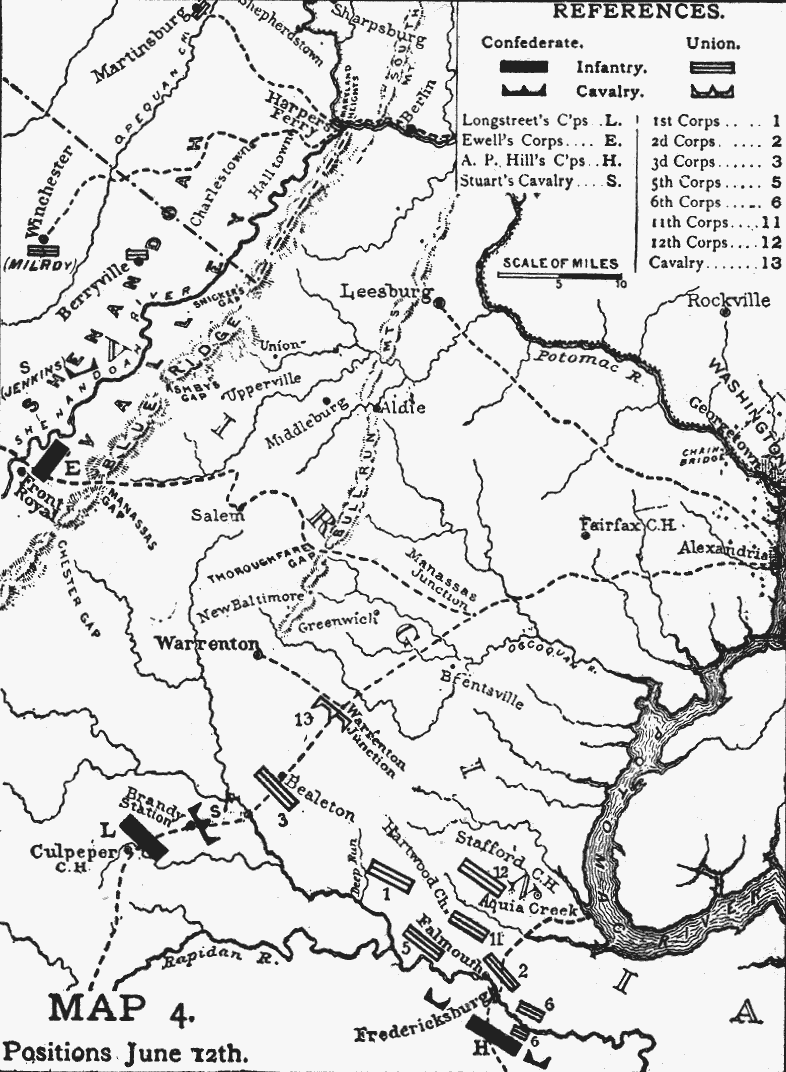 Map showing the position of the main Union and Confederate armies on 12 June 1863