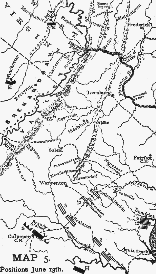 Map showing the position of the main Union and Confederate armies on 13 June 1863