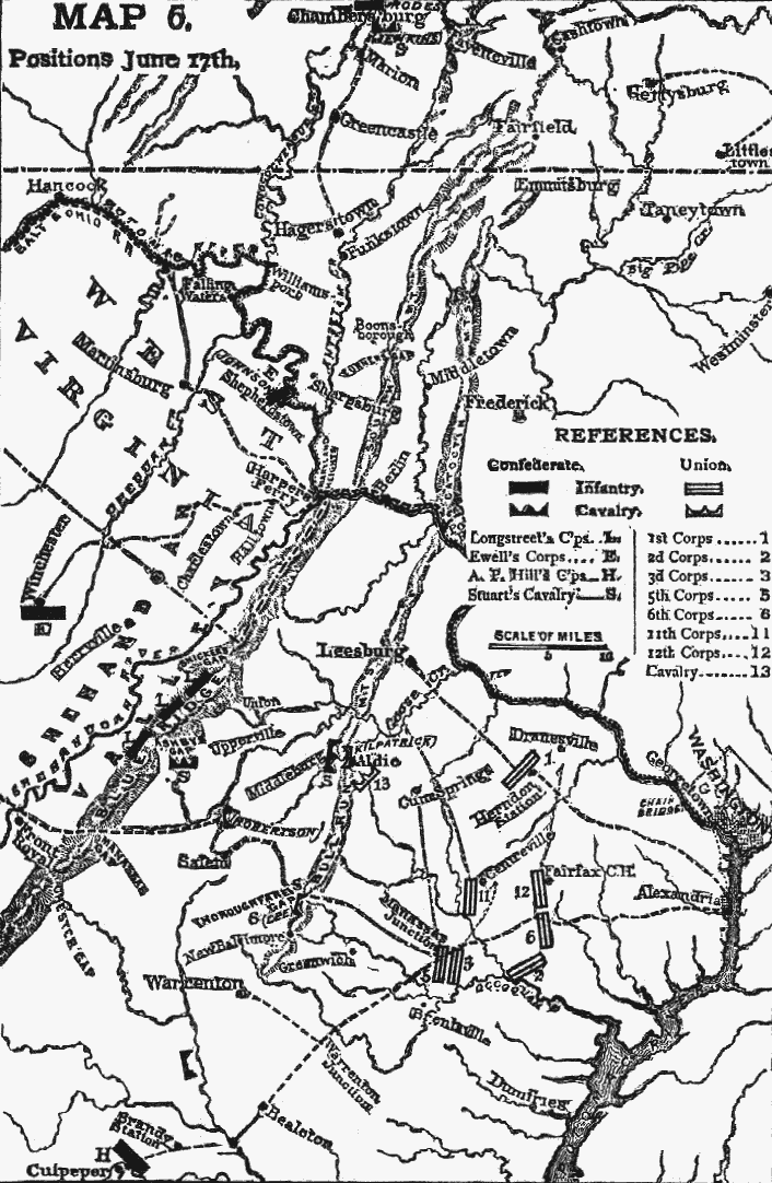 Map showing the position of the main Union and Confederate armies on 17 June 1863