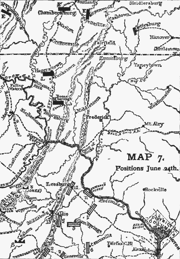 Map showing the position of the main Union and Confederate armies on 24 June 1863