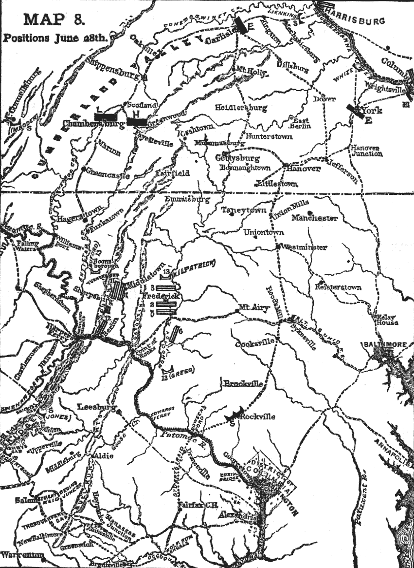 Map showing the position of the main Union and Confederate armies on 28 June 1863