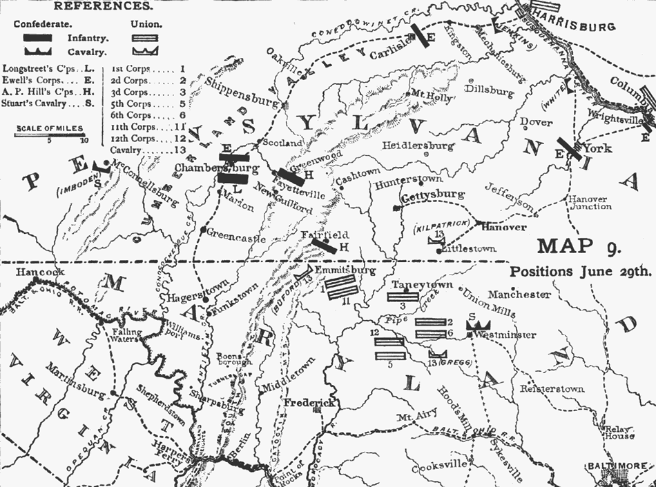Map showing the position of the main Union and Confederate armies on 29 June 1863