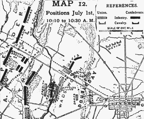 Map showing day one of the battle of Gettysburg, 1st July, 10:10 to 10:30 a.m.