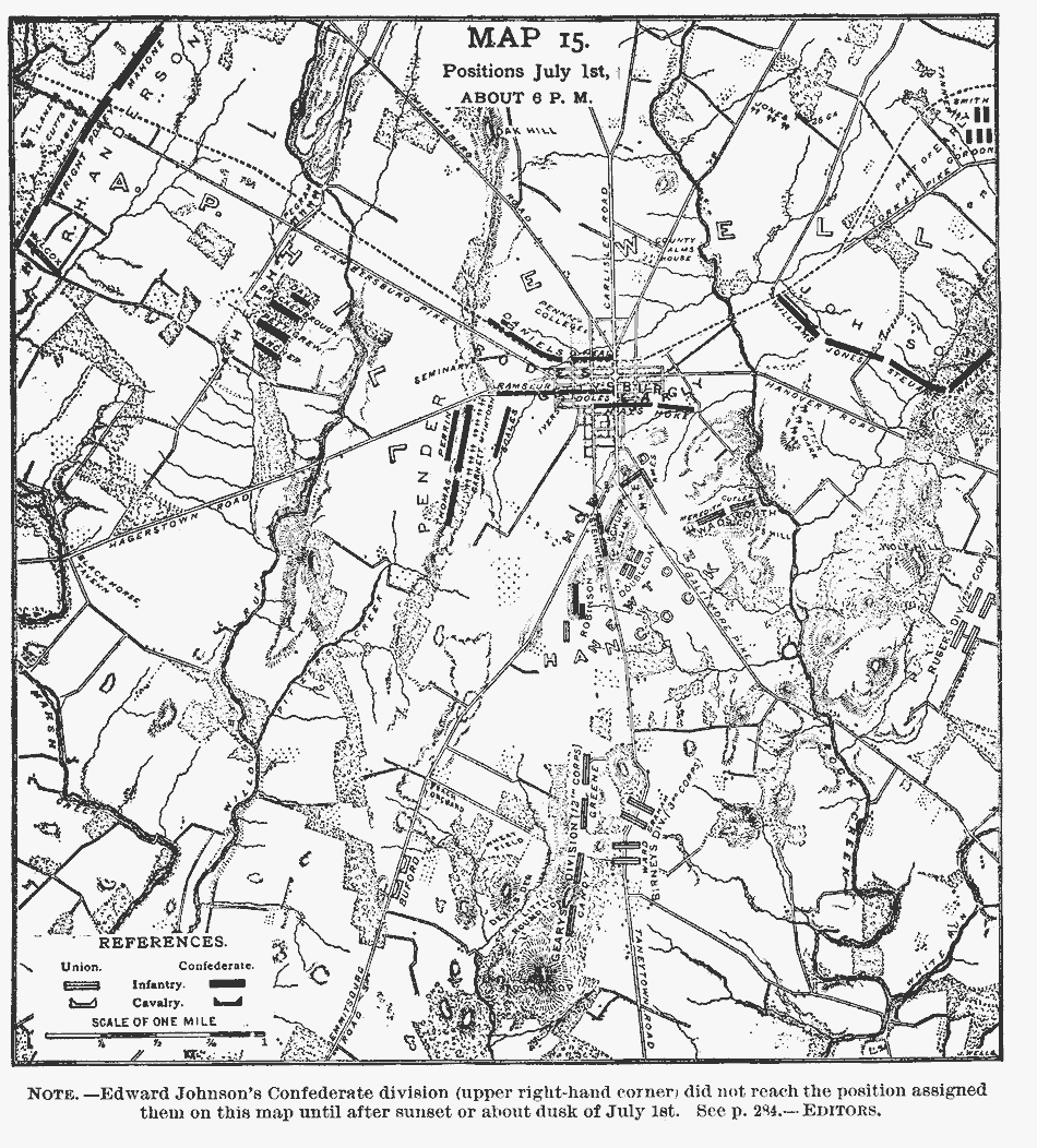 Map showing day one of the battle of Gettysburg, 1st July, 6 p.m.