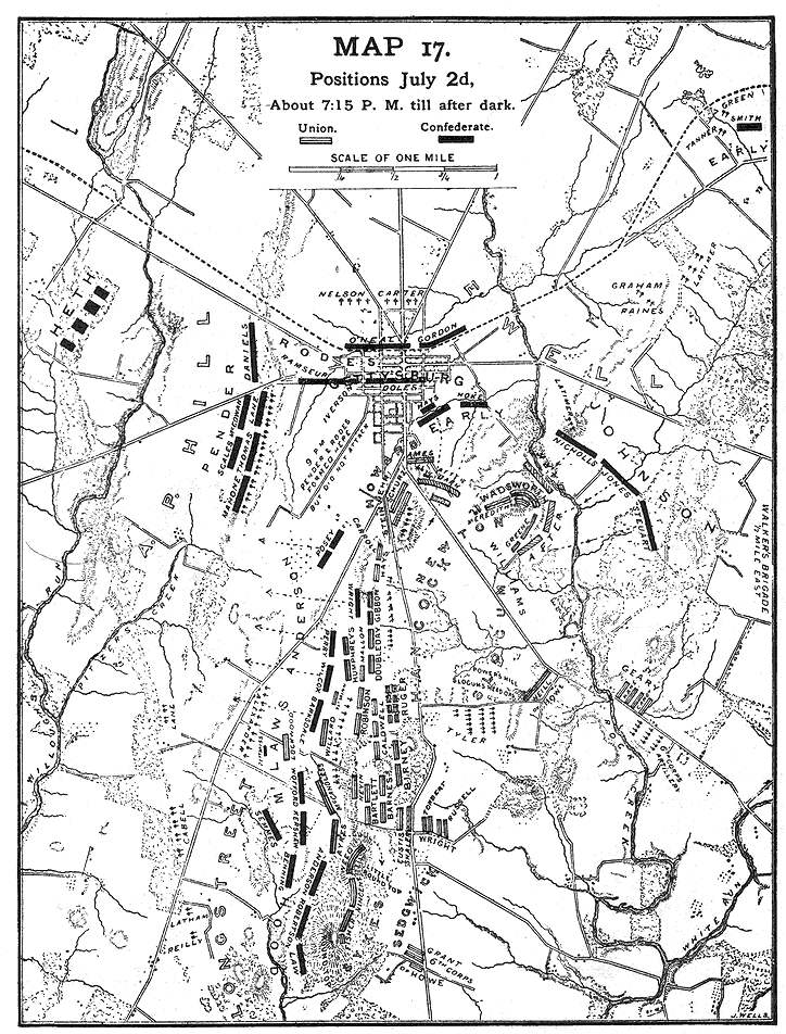 Map showing day two of the battle of Gettysburg, 2nd July, 7.15 p.m. till dark 