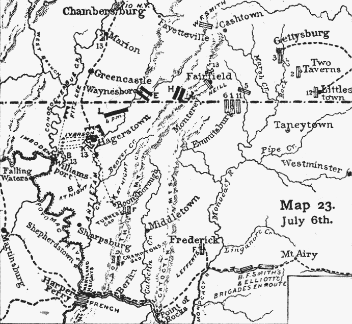 Map showing the aftermath of the battle of Gettysburg: 6 July
