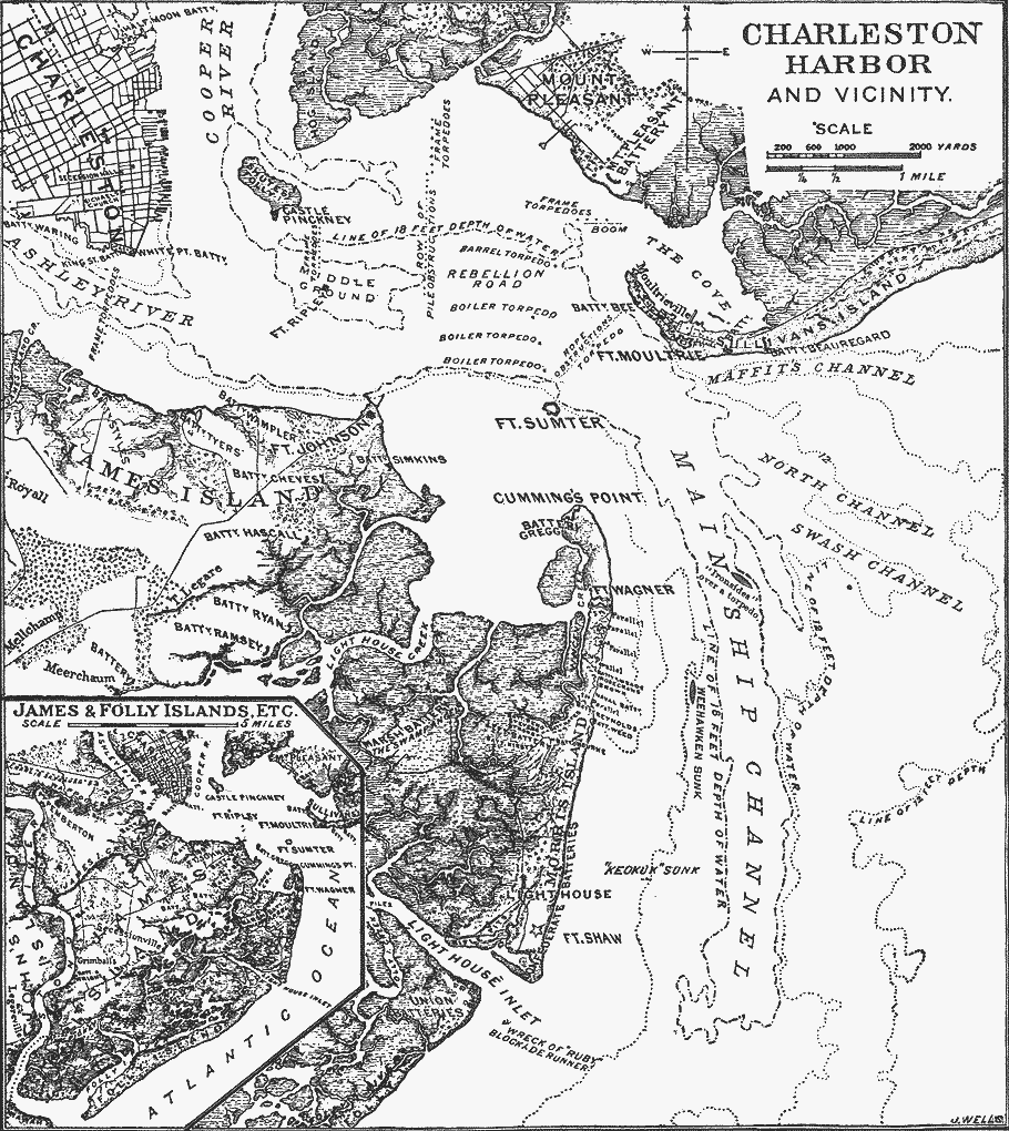 The Defences of Charleston in 1864-5, with inset map showing the wider area.