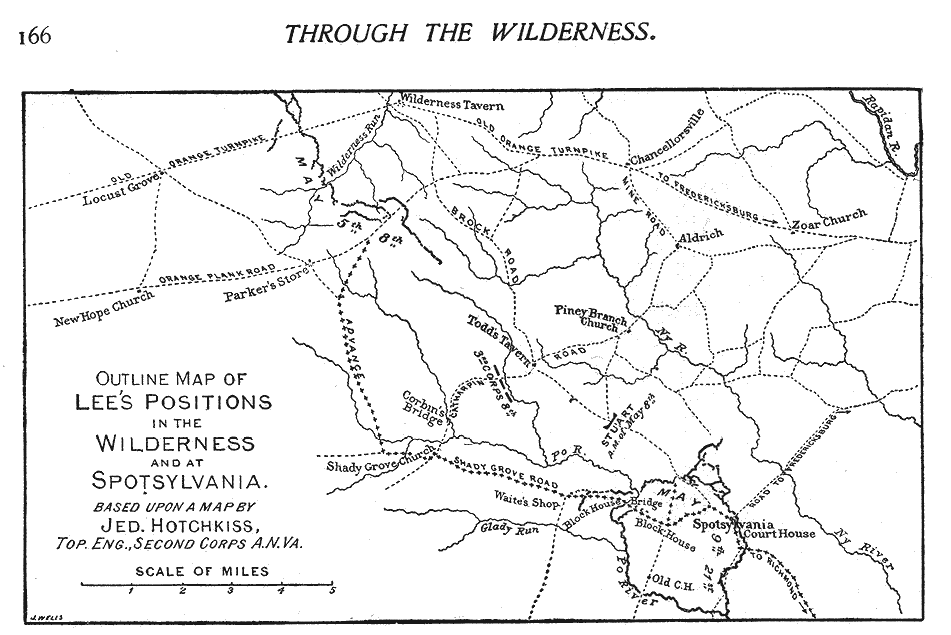 Outline map of Lee's positions in the Wilderness and at Spotsylvania, based upon a map by Jed. Hotchkiss, topographical engineer of the Second Corps, Army of North Virginia.