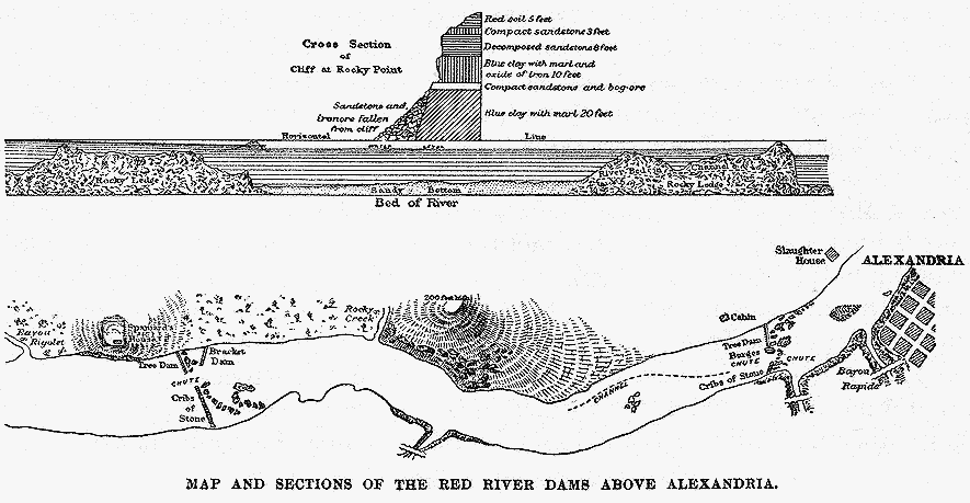 Map showing the Red River at Alexandria and a cross section of the cliff at Rocky Point.