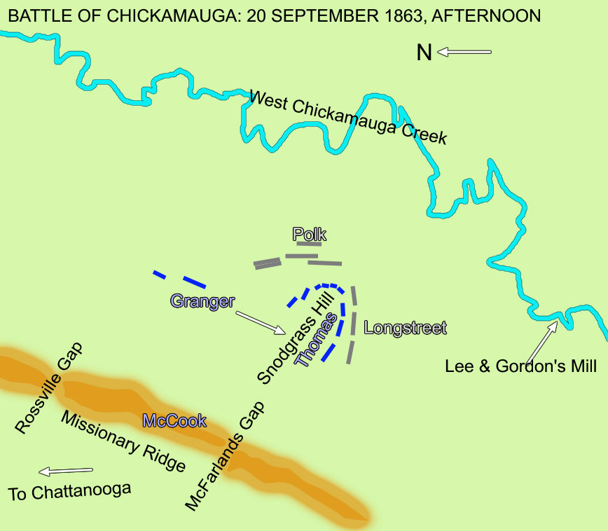 Map showing the position of the Confederate and Union positions after Longstreet's attack on 20 September
