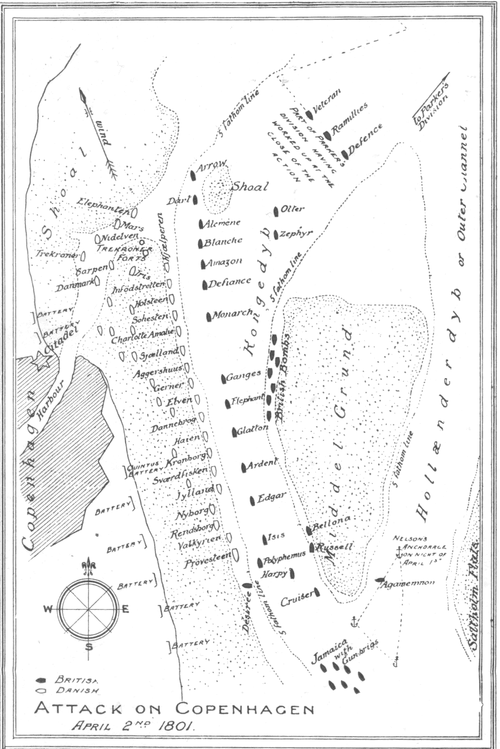 Map showing the location of the British and Danish ships during the battle of Copenhagen