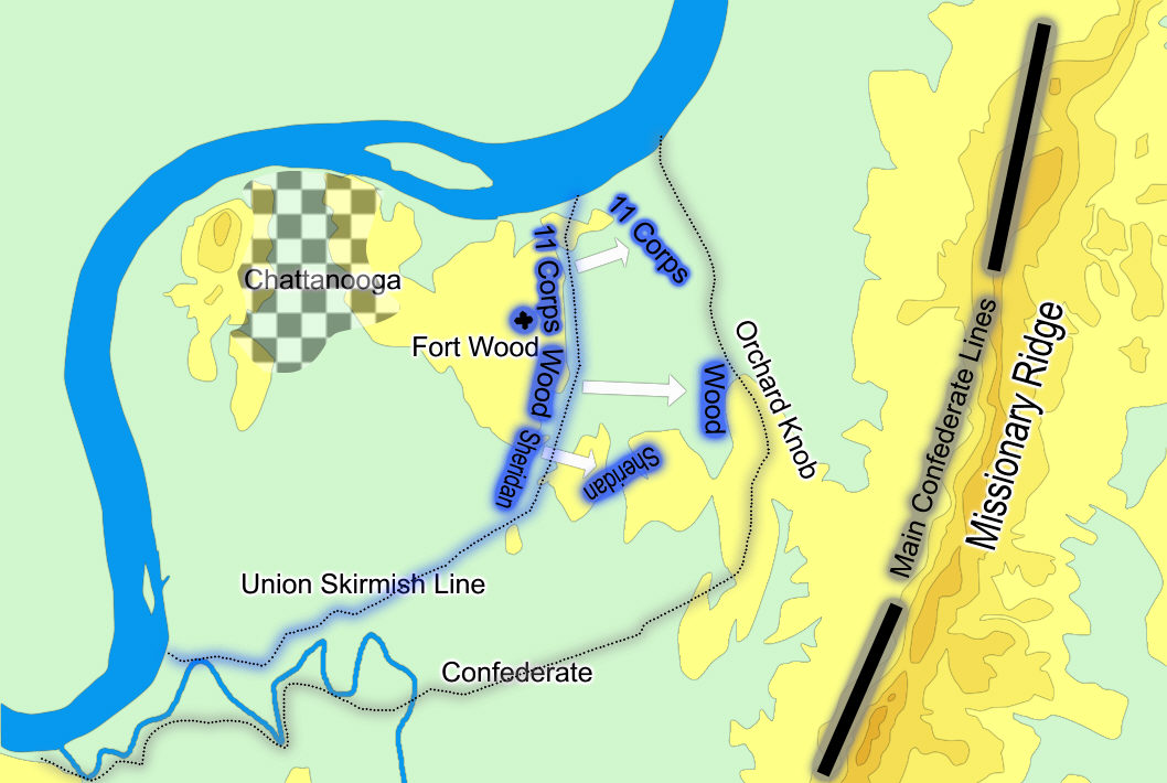 Map of the Chattanooga area showing the position before the Battle of Orchard Knob