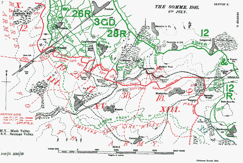 Map showing the Battle of the Somme, 6 July 1916