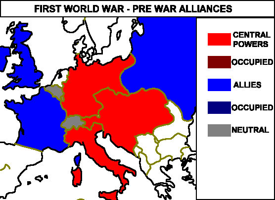 Map of Europe in 1914, showing the prewar alliances