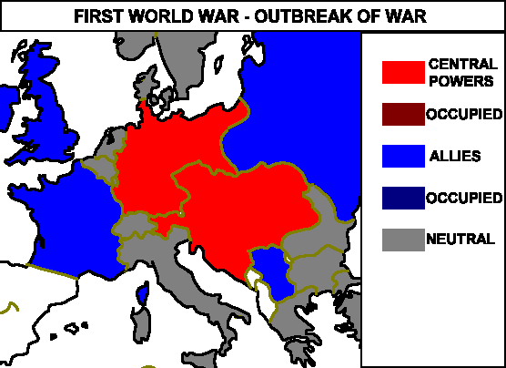 Map of Europe in at the outbreak of war in 1914