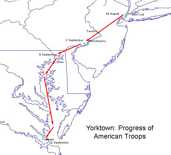 Map showing the approach of the American armies from New York to Yorktown, 1781. 