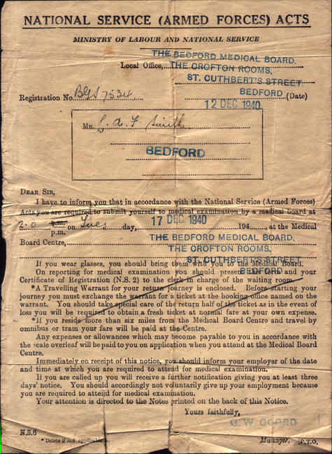 Summons for Medical, 12 December 1940 - Front 