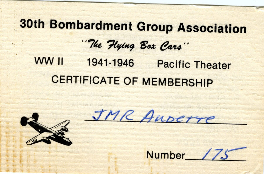 Membership Certificate for 30th Bombardment Group Association, Front 