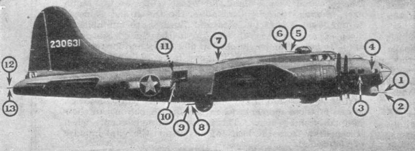 Picture showing the thirteen guns carried by early B-17G Flying Fortresses 