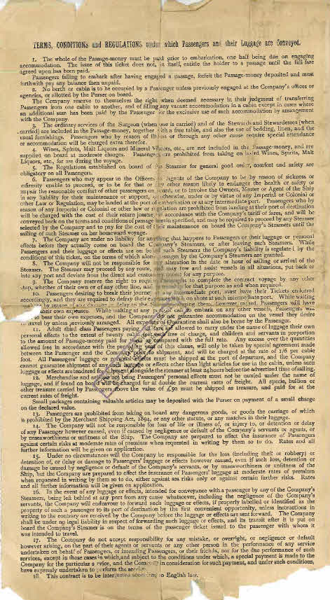 Terms and Conditions on Ticket to Natal, 1921