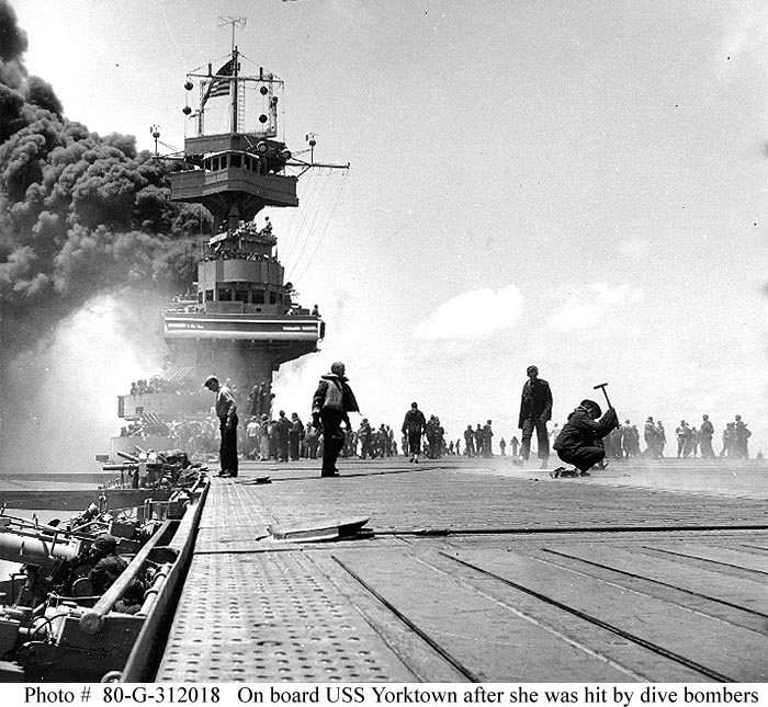 USS Midway after dive bomber strike at Midway 