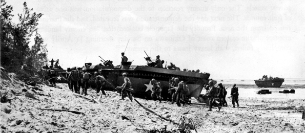 US Armoured vehicles on the beach at Okinawa 